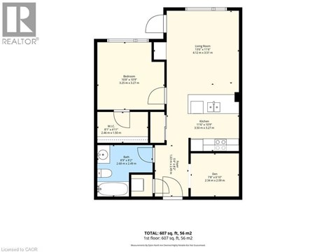 A floor plan for a home with a living room, dining room, kitchen, and bathroom.