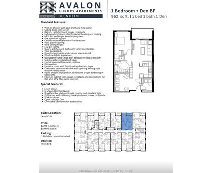 A flyer for a 1 bedroom apartment with a den and a bathroom.