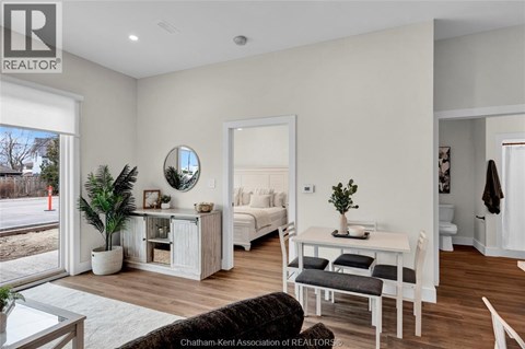 A well-lit, modern bedroom with a large bed and a small table with a plant on it.