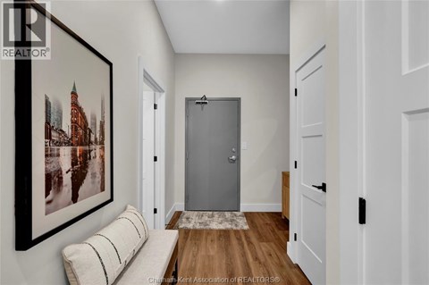 A room with a framed picture of a cityscape on the wall and a grey door in the middle.
