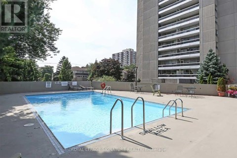 A pool with a slide and a sign that says Royal LePage Signature Realty Brokerage.
