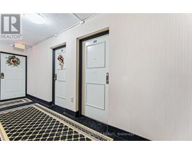 A hallway with three doors and a black and gold floor.