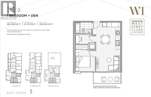 A floor plan for a bedroom and den is shown for an apartment in the East Tower.