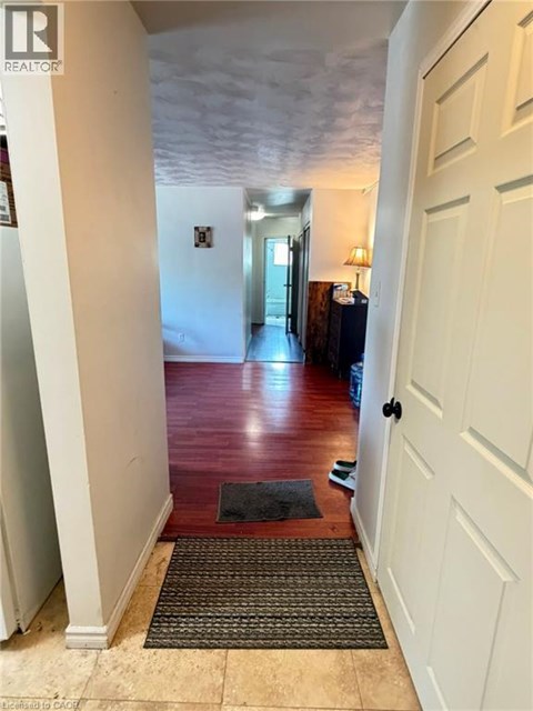 A hallway with a rug on the floor leading to a door.