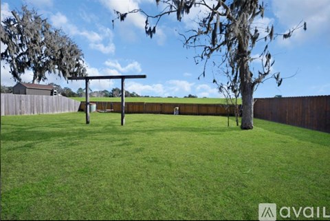 A backyard with a swing set and a tree.