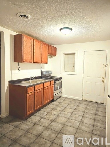 A kitchen with wooden cabinets and a white door.