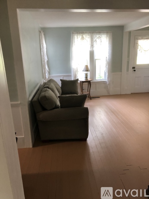 A living room with a grey couch and a wooden floor.