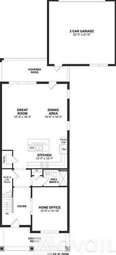 A floor plan of a house with a garage and a home office.
