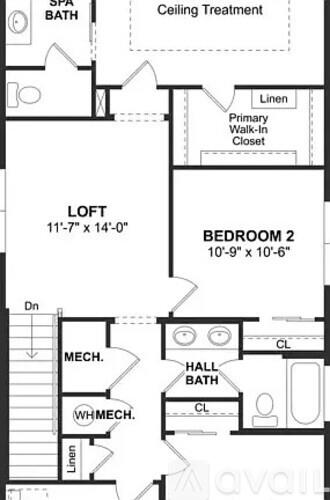 A floor plan of a home with a loft, two bedrooms, a bathroom, and a ceiling treatment.