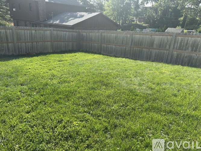 A backyard with a wooden fence and green grass.