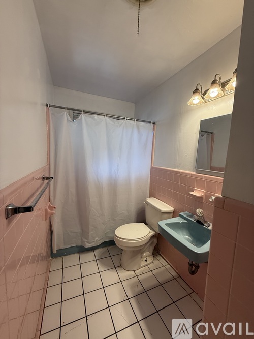 A bathroom with a toilet, sink, and shower curtain.