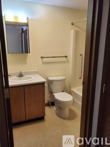 A bathroom with a toilet, sink, and mirror.