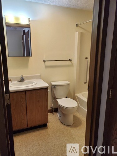 A bathroom with a toilet, sink, and mirror.