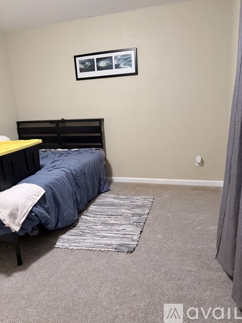A bedroom with a bed, a rug, and a picture on the wall.