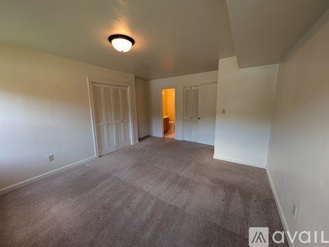 A spacious room with carpeted floor and a ceiling light.