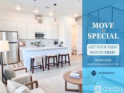 A modern kitchen with a bar and a sign offering a free first month.