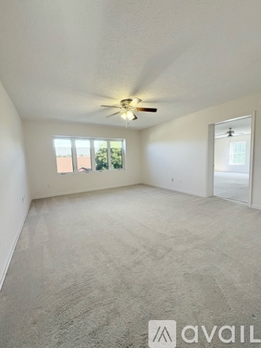 A room with a carpeted floor, a ceiling fan, and a door leading to another room.