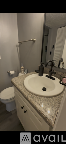 A bathroom with a sink, toilet, and mirror.