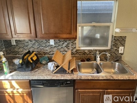 A kitchen counter with a dish rack and a dishwasher.