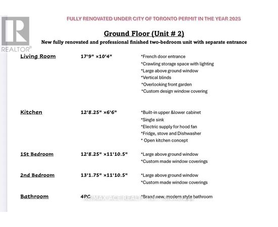 A flyer advertises a fully renovated two-bedroom unit with a ground floor living room, kitchen, and two bedrooms, along with a bathroom.