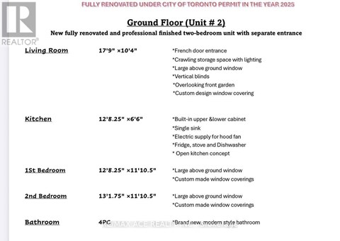 A flyer advertises a fully renovated two-bedroom unit with a ground floor living room, kitchen, and two bedrooms, along with a bathroom.