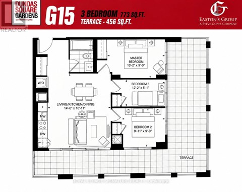 A floor plan for a 3 bedroom, 773 sq ft, 456 sq ft terrace apartment.