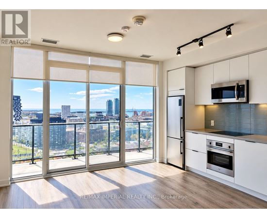 A kitchen with a view of the city.