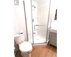 A white toilet sits next to a walk-in shower in a bathroom.