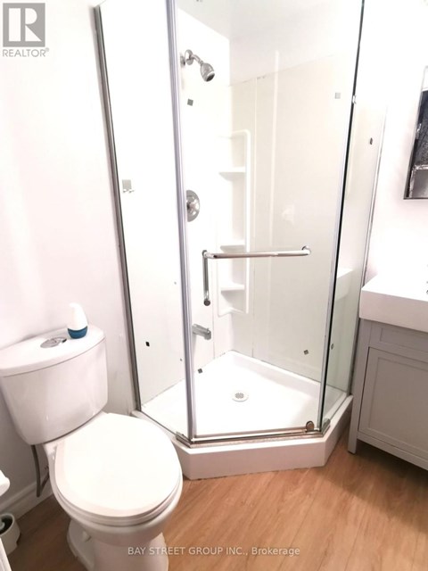 A white toilet sits next to a walk-in shower in a bathroom.