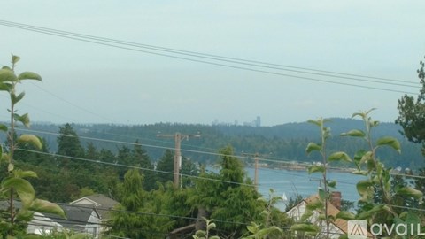 A view of a residential area with houses and trees in the foreground and a bridge in the distance.