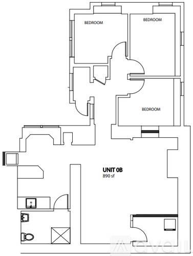 A black and white image of a floor plan for a unit labeled "Unit 08" with three bedrooms.