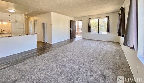 A spacious living room with a grey carpet and a kitchen area with white cabinets and a refrigerator.