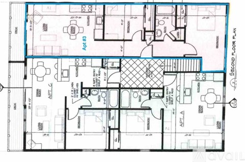 A floor plan of a second floor layout with various rooms and measurements.