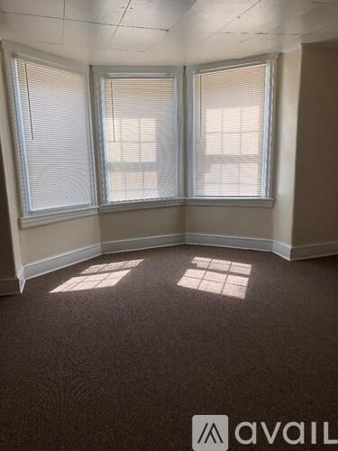 A room with two windows and a carpeted floor.