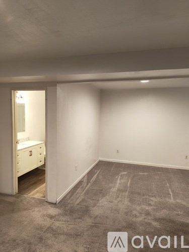 A room with a carpeted floor and a bedroom with a dresser and mirror.