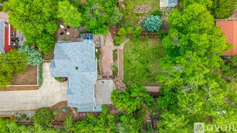 A bird's eye view of a backyard with a swimming pool and a patio.