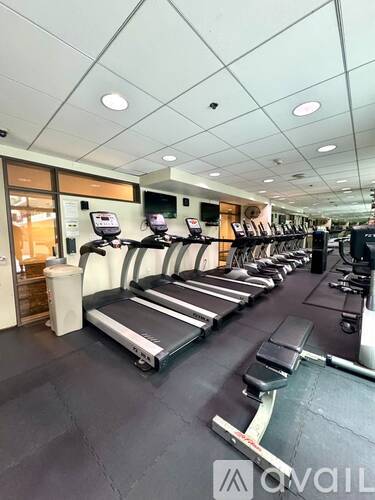 A gym with treadmills and elliptical machines.