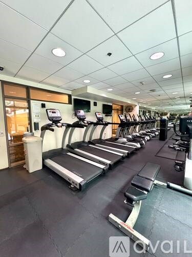 A gym with treadmills and elliptical machines.