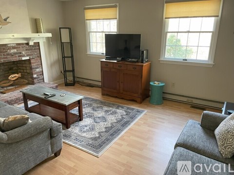 A living room with a grey couch, a coffee table, a fireplace, and a television.