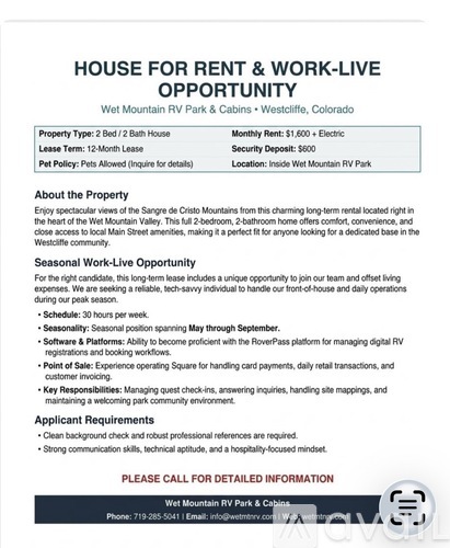 A flyer advertises a house for rent in Westcliffe, Colorado.