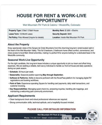 A flyer advertises a house for rent in Westcliffe, Colorado.