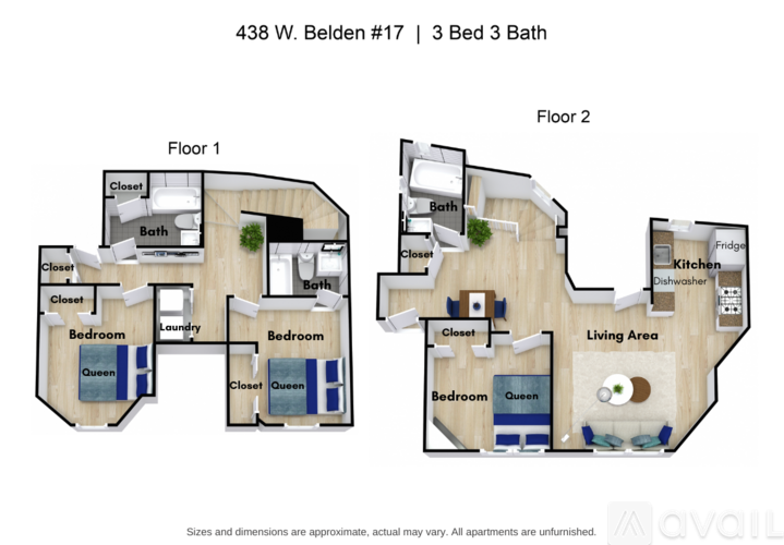 A floor plan of an apartment at 438 W. Belden #17 with 3 bedrooms and 3 bathrooms.