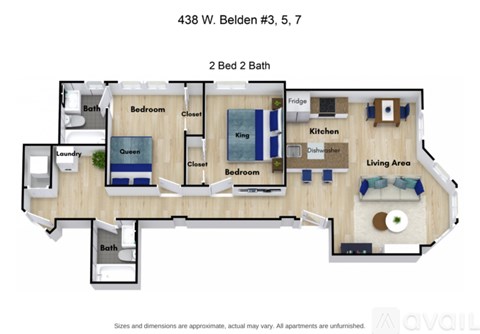 A floor plan of a 2 bedroom, 2 bath apartment at 438 W. Belden #3, 5.