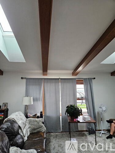 A living room with a couch, a table with a plant, and a fan.