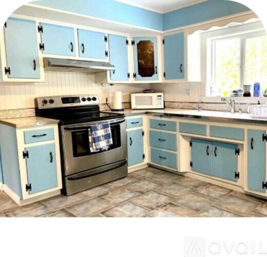 A kitchen with blue cabinets and a black stove top oven.