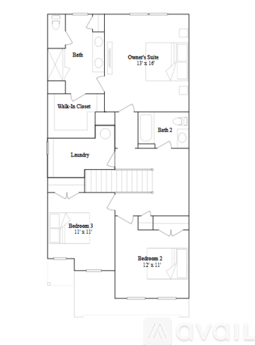 A floor plan of an apartment with two bedrooms, a laundry room, and a walk-in closet.
