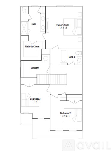 A floor plan of an apartment with two bedrooms, a laundry room, and a walk-in closet.