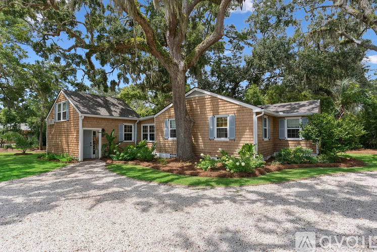 A house with a gravel driveway and a large tree in front.