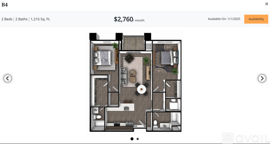 A floor plan of a 2 bedroom, 2 bathroom apartment sized 1,216 square feet is displayed.