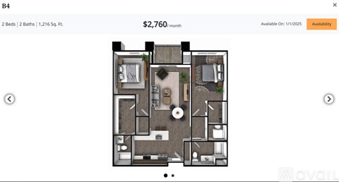 A floor plan of a 2 bedroom, 2 bathroom apartment sized 1,216 square feet is displayed.